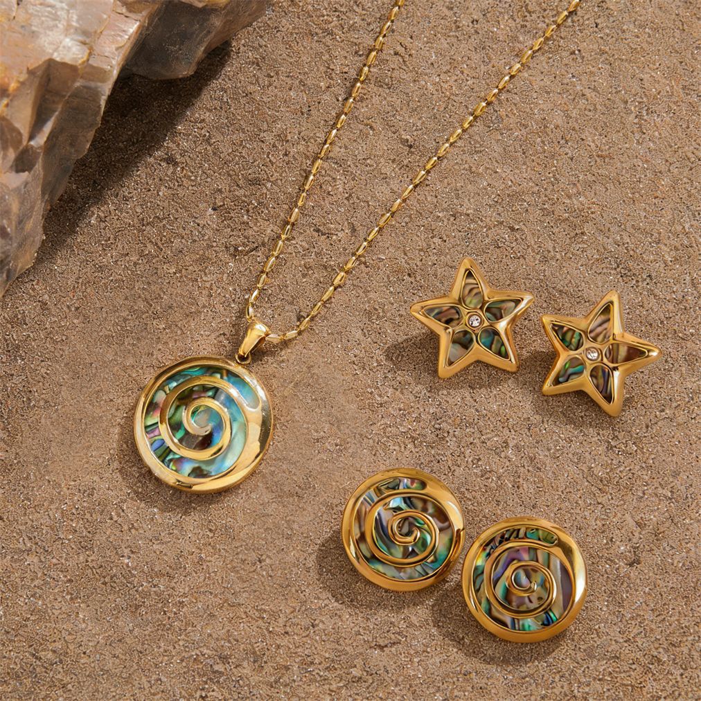 Stainless Steel Hammer Patterned Spiral Abalone Shell Necklace Earring Jewelry Set