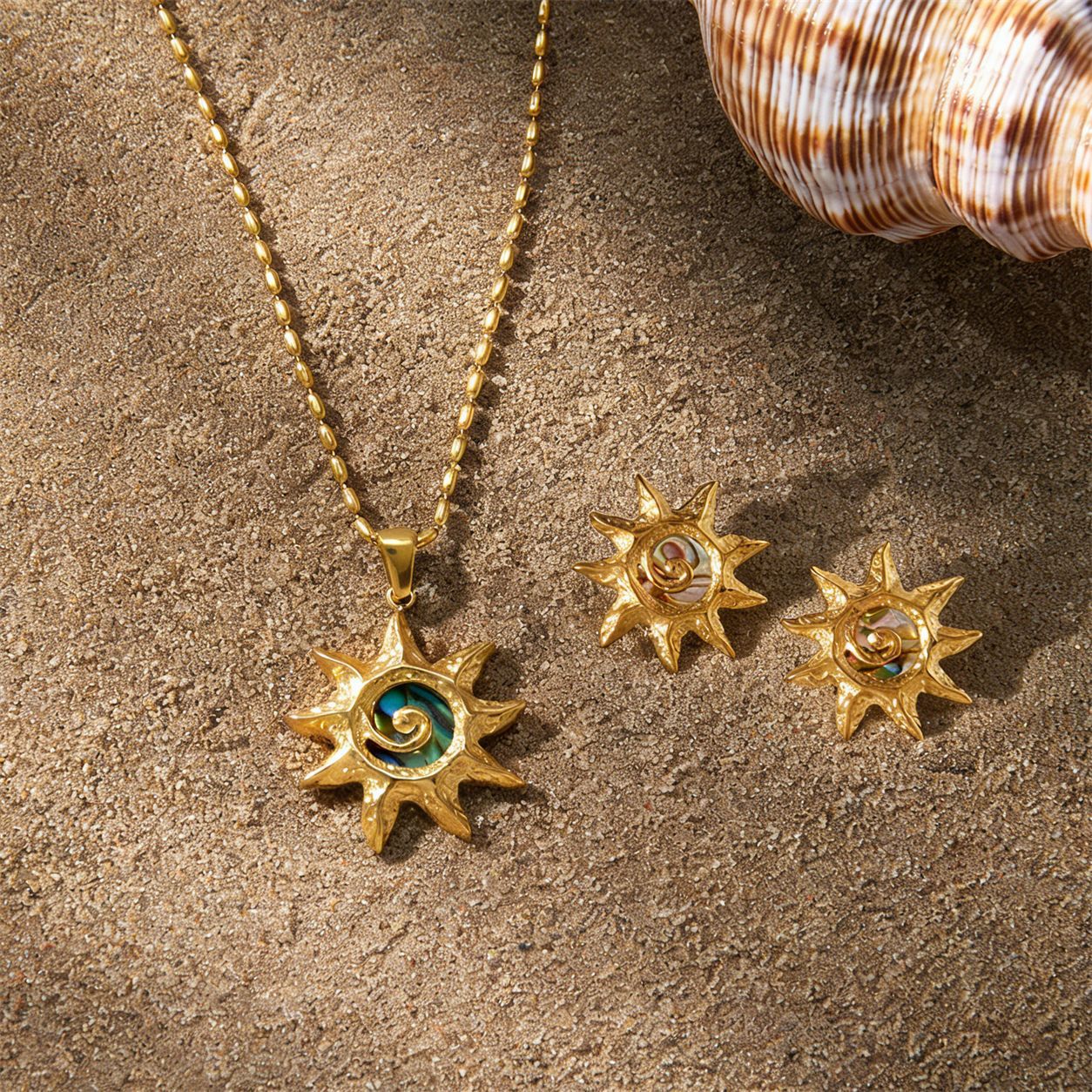 Stainless Steel Abalone Shell Necklace Earrings Rings Jewelry Set