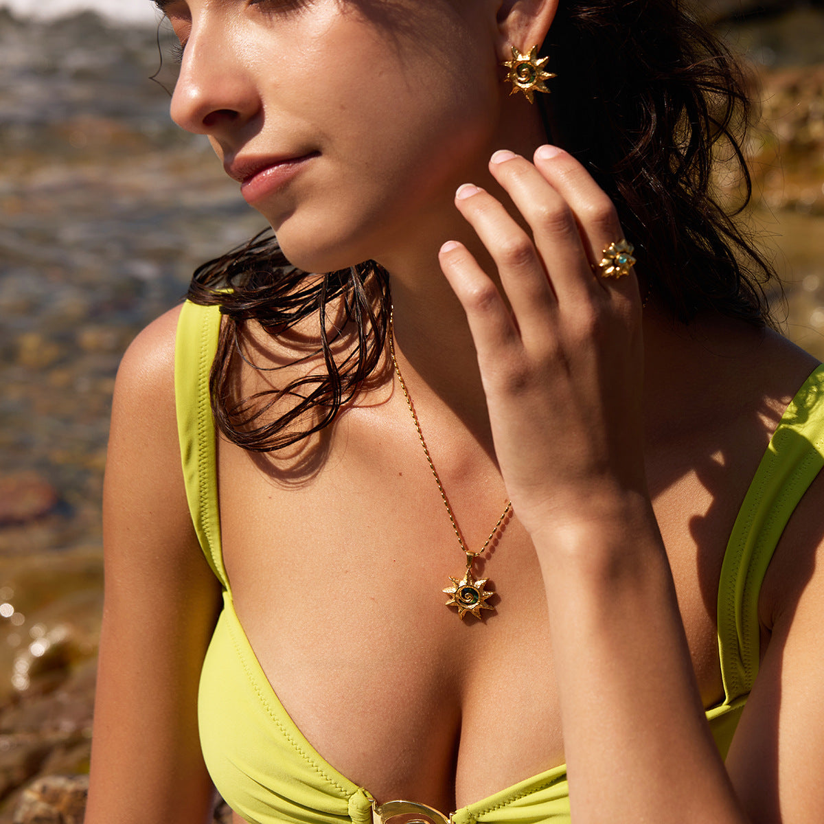 Stainless Steel Abalone Shell Necklace Earrings Rings Jewelry Set