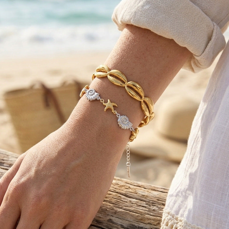Stainless Steel 18K Gold PVD Shell Cuff Bracelet