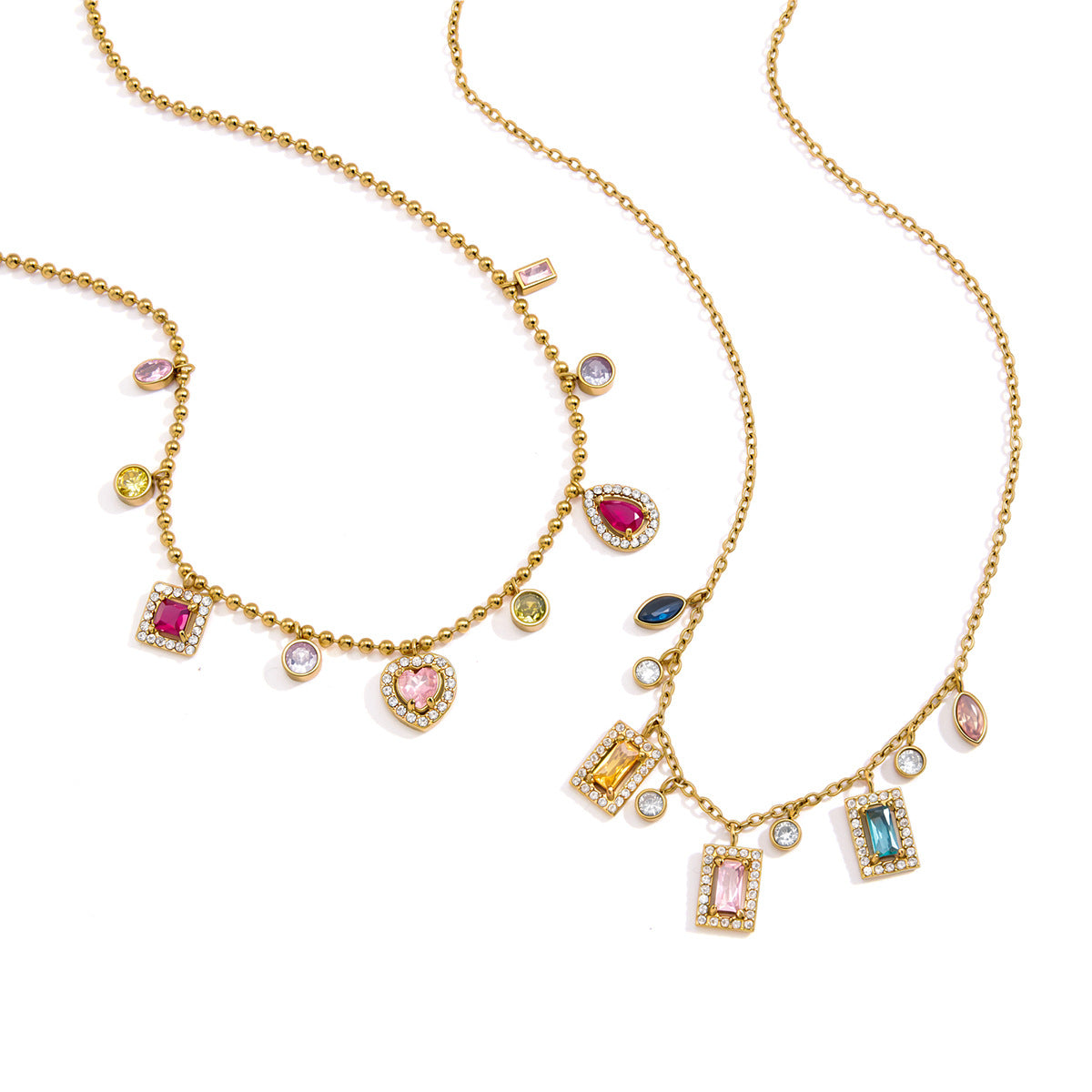 Stainless Steel Rainbow Square Cubic Zirconia Pendant Necklace