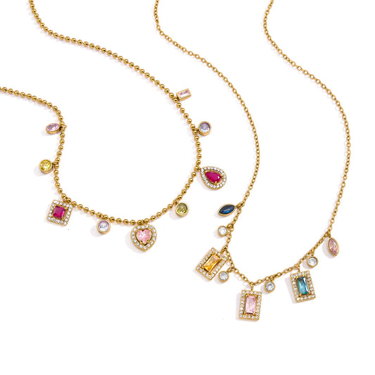 Stainless Steel Rainbow Square Cubic Zirconia Pendant Necklace