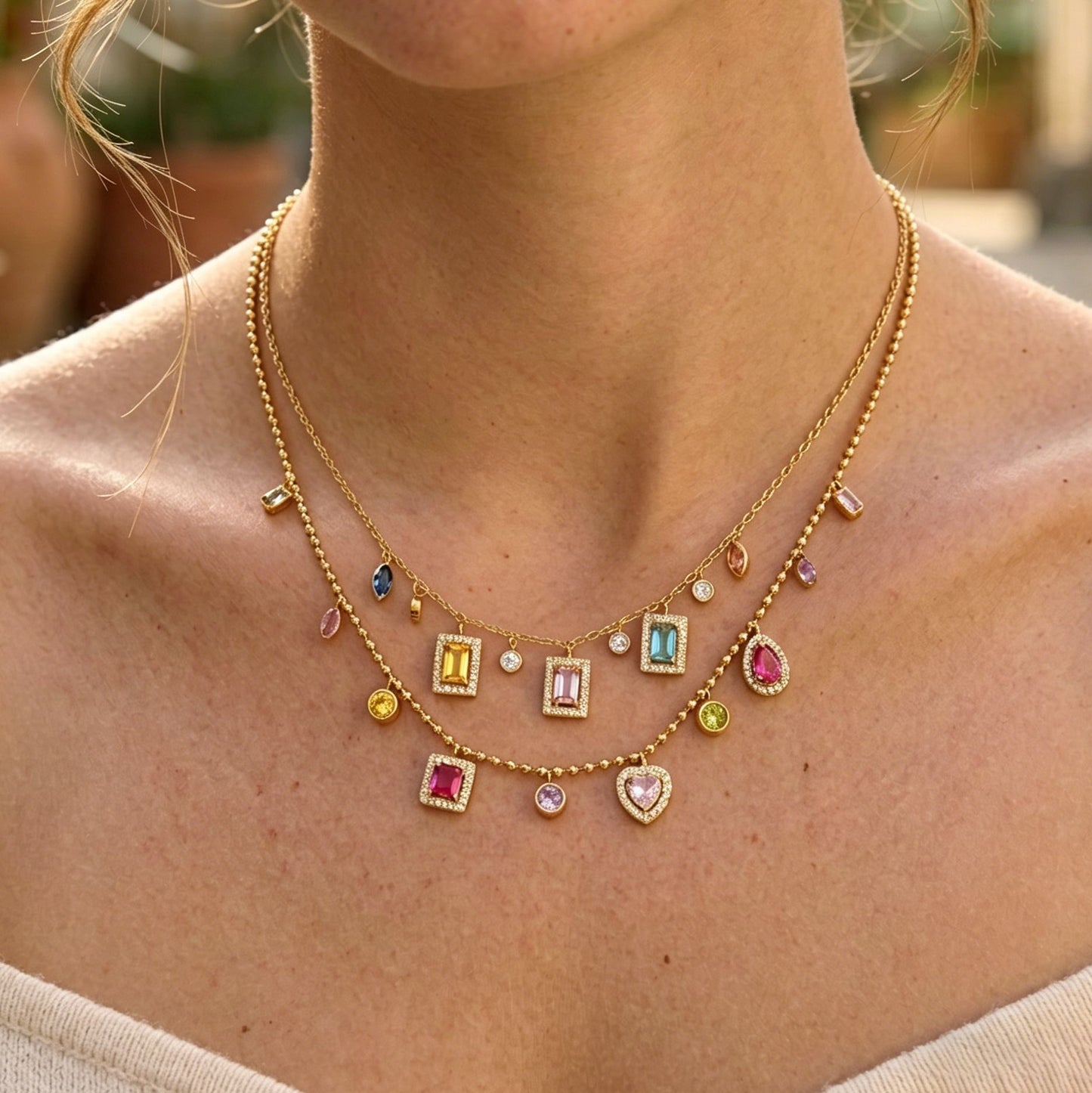 Stainless Steel Rainbow Square Cubic Zirconia Pendant Necklace