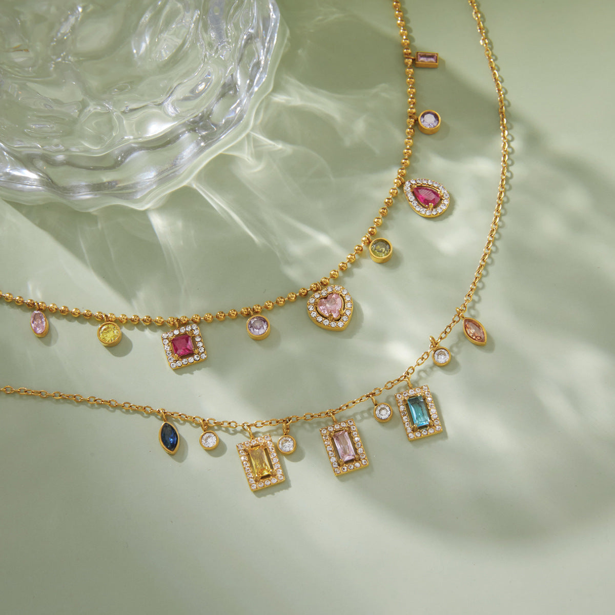 Stainless Steel Rainbow Square Cubic Zirconia Pendant Necklace