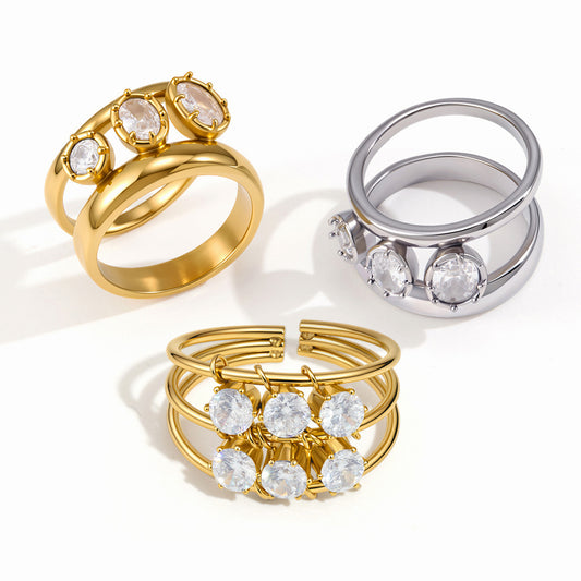 Stainless Steel Circular CZ Sliding Three-layer Hollow Opening Ring