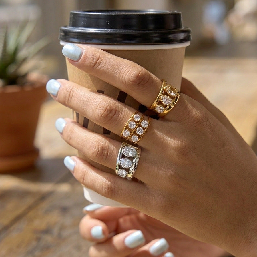 Stainless Steel Circular CZ Sliding Three-layer Hollow Opening Ring