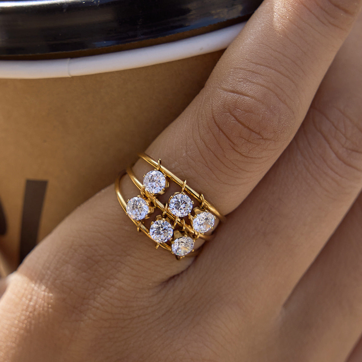 Stainless Steel Circular CZ Sliding Three-layer Hollow Opening Ring