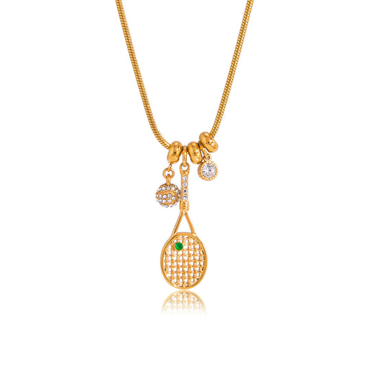 Stainless Steel Tennis Racket CZ Pendant Snake Chain Necklace