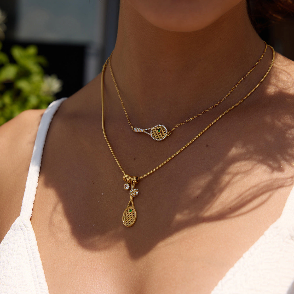 Stainless Steel Tennis Racket CZ Pendant Snake Chain Necklace