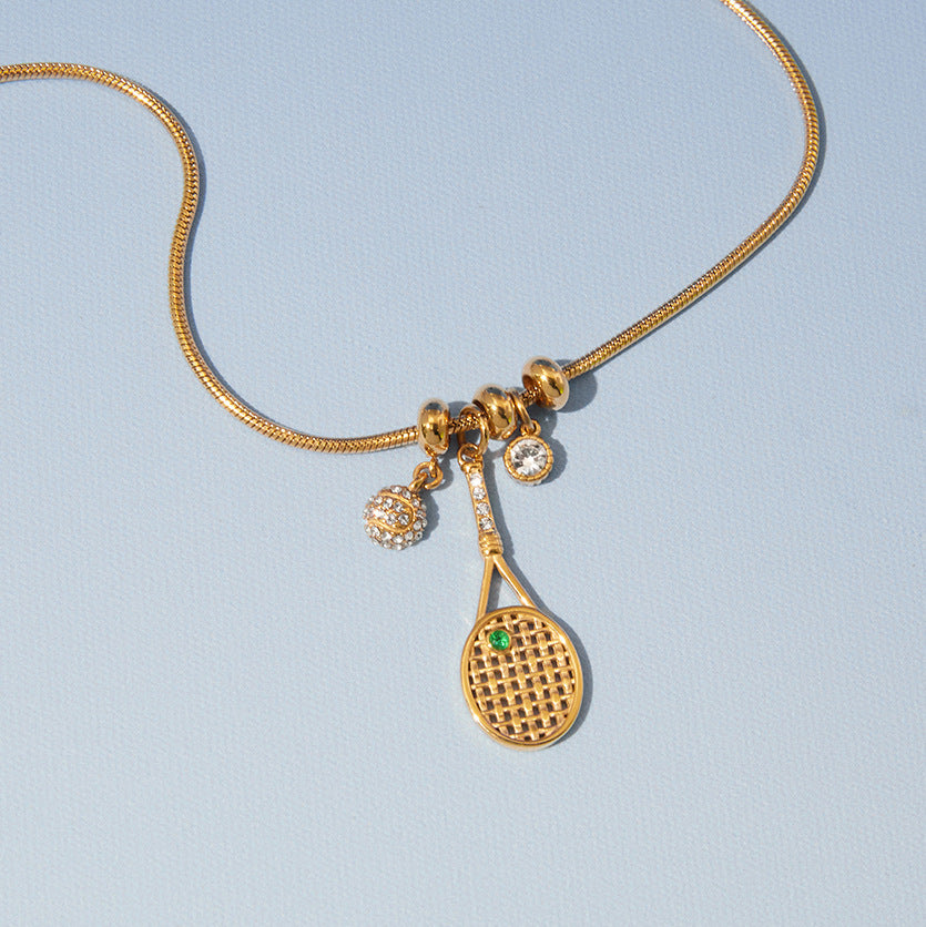 Stainless Steel Tennis Racket CZ Pendant Snake Chain Necklace