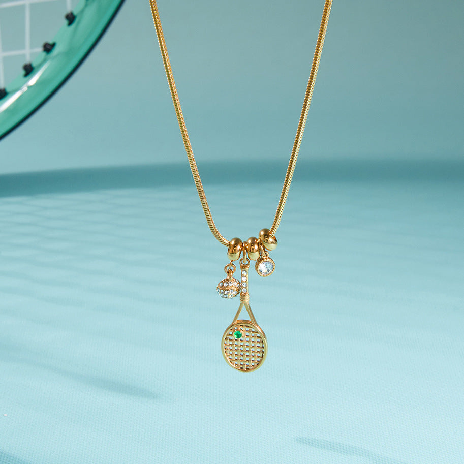Stainless Steel Tennis Racket CZ Pendant Snake Chain Necklace