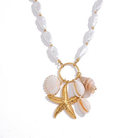 Stainless Steel Shell Pendant Acrylic Pearl Necklace Earrings Jewelry Set
