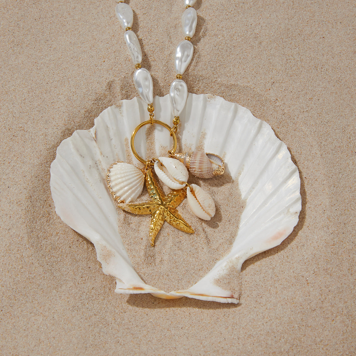 Stainless Steel Shell Pendant Acrylic Pearl Necklace Earrings Jewelry Set