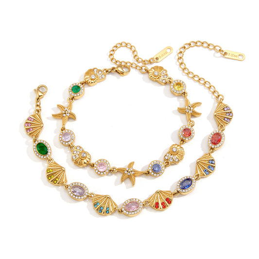 Stainless Steel Rainbow Rhinestone Shell Bracelet