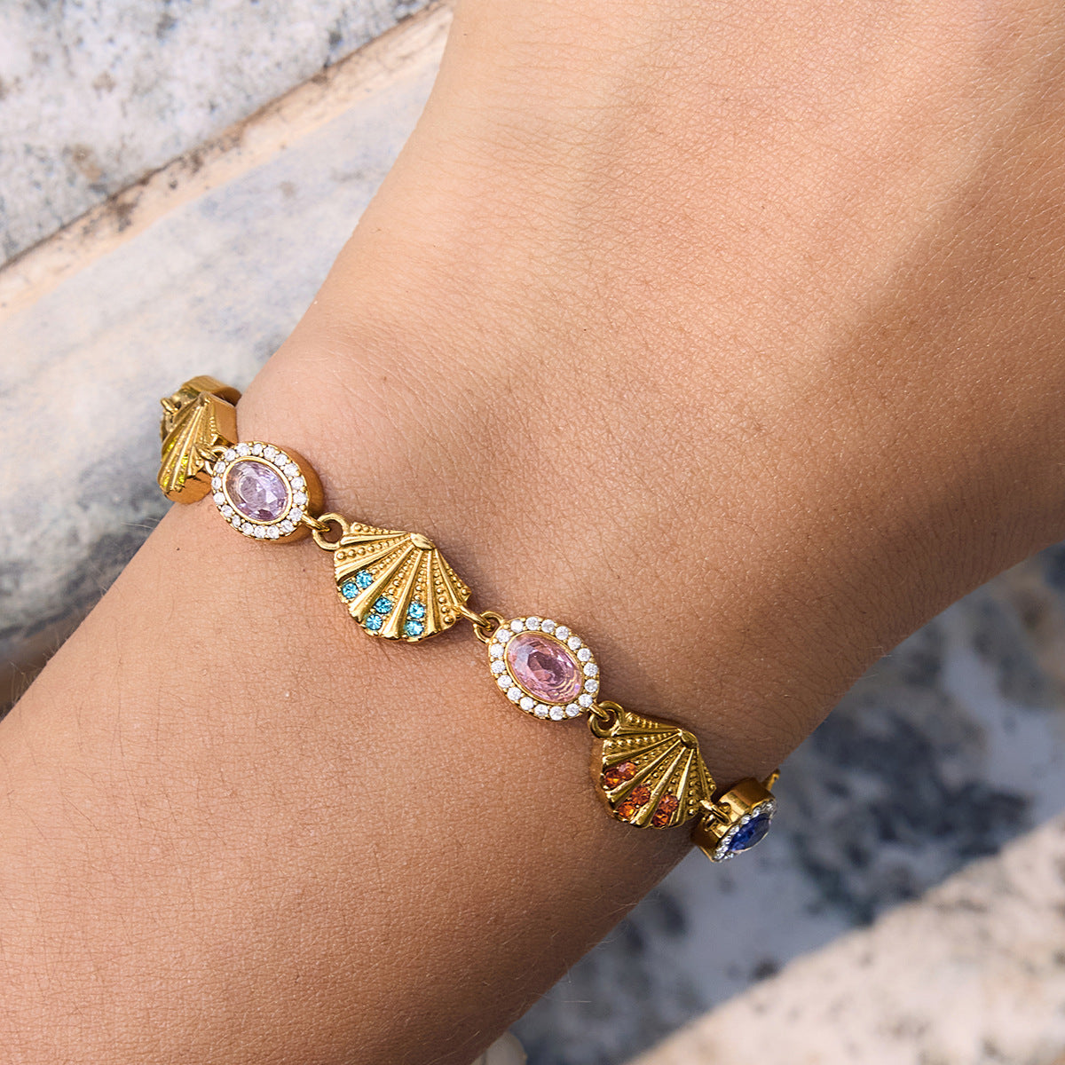 Stainless Steel Rainbow Rhinestone Shell Bracelet