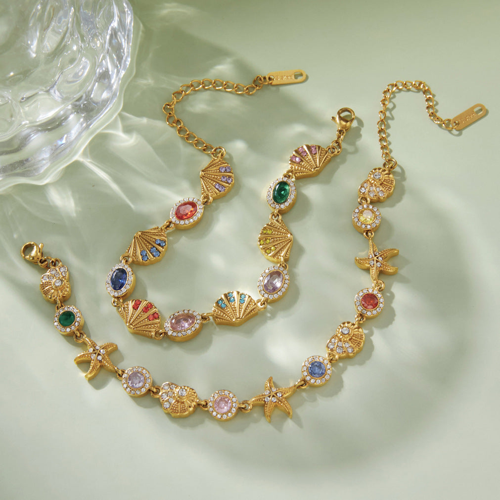 Stainless Steel Rainbow Rhinestone Shell Bracelet