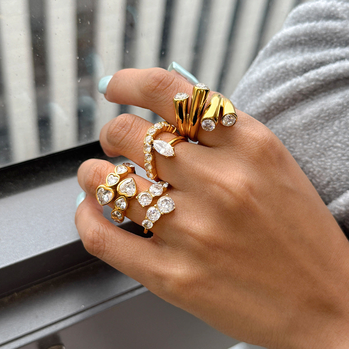 Stainless Steel White Cubic Zirconia Adjustable Open Ring