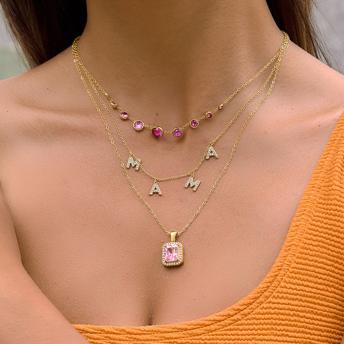 Stainless Steel Cubic Zirconia Alternating Pendant Necklace
