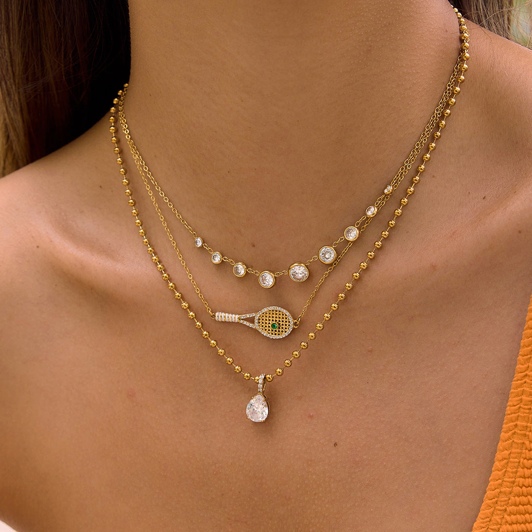 Stainless Steel Cubic Zirconia Alternating Pendant Necklace