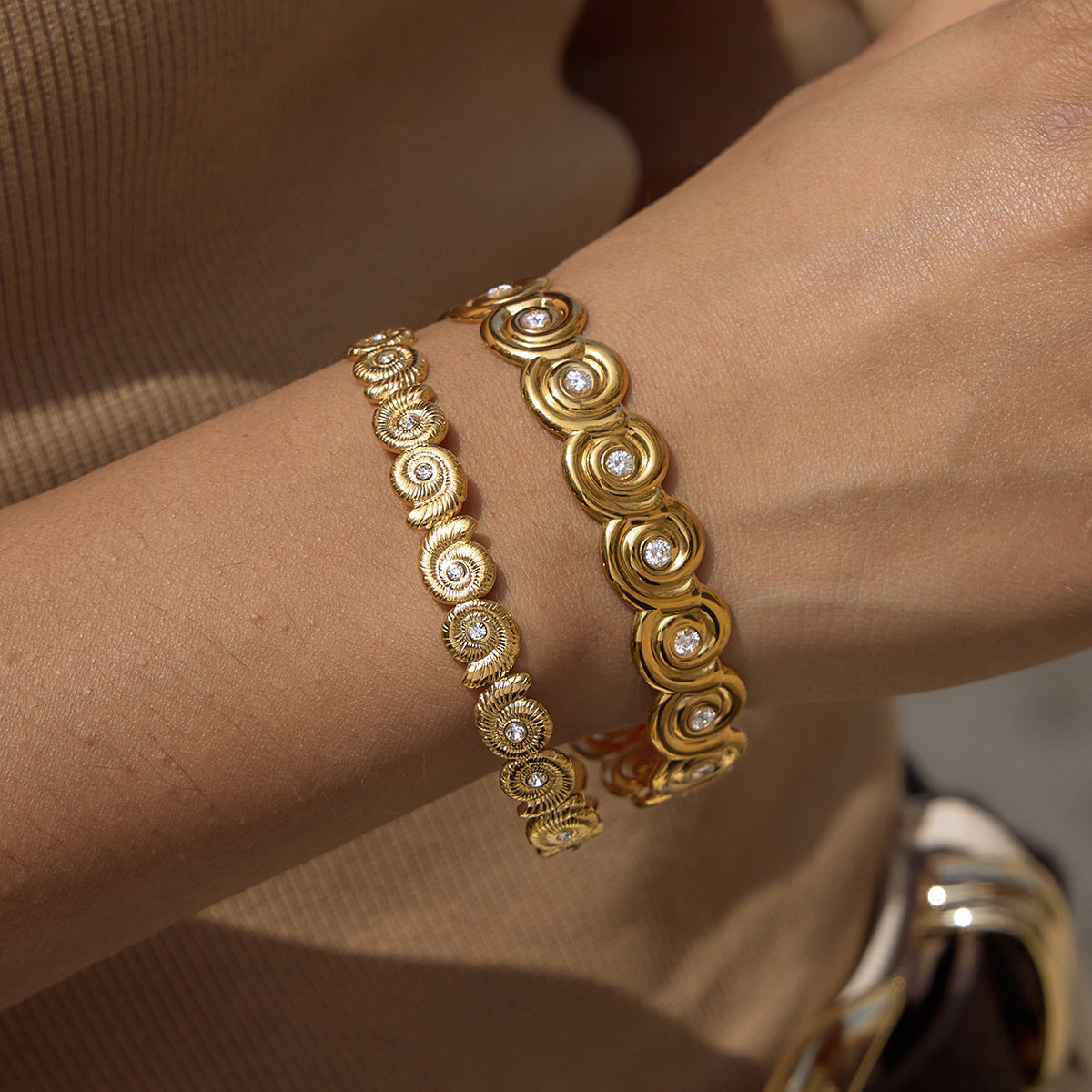 Stainless Steel White Cubic Zirconia Conch Spiral Cuff Bracelet