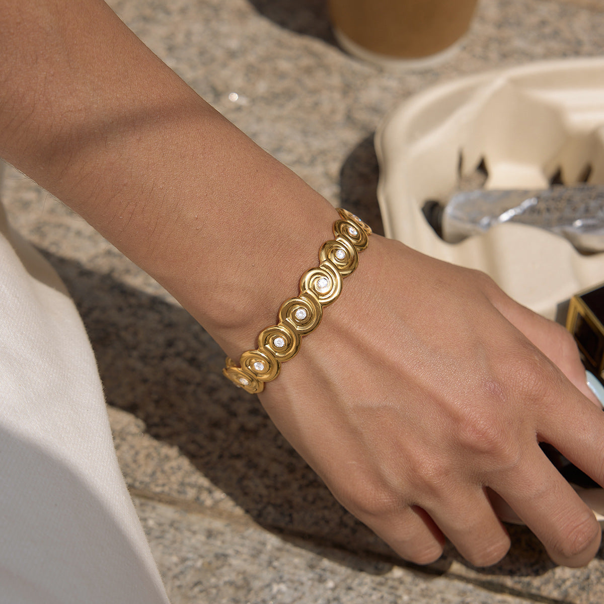 Stainless Steel White Cubic Zirconia Conch Spiral Cuff Bracelet