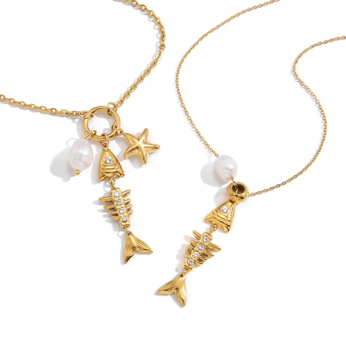 Stainless Steel Freshwater Pearl Fish Bone Pendant Necklace