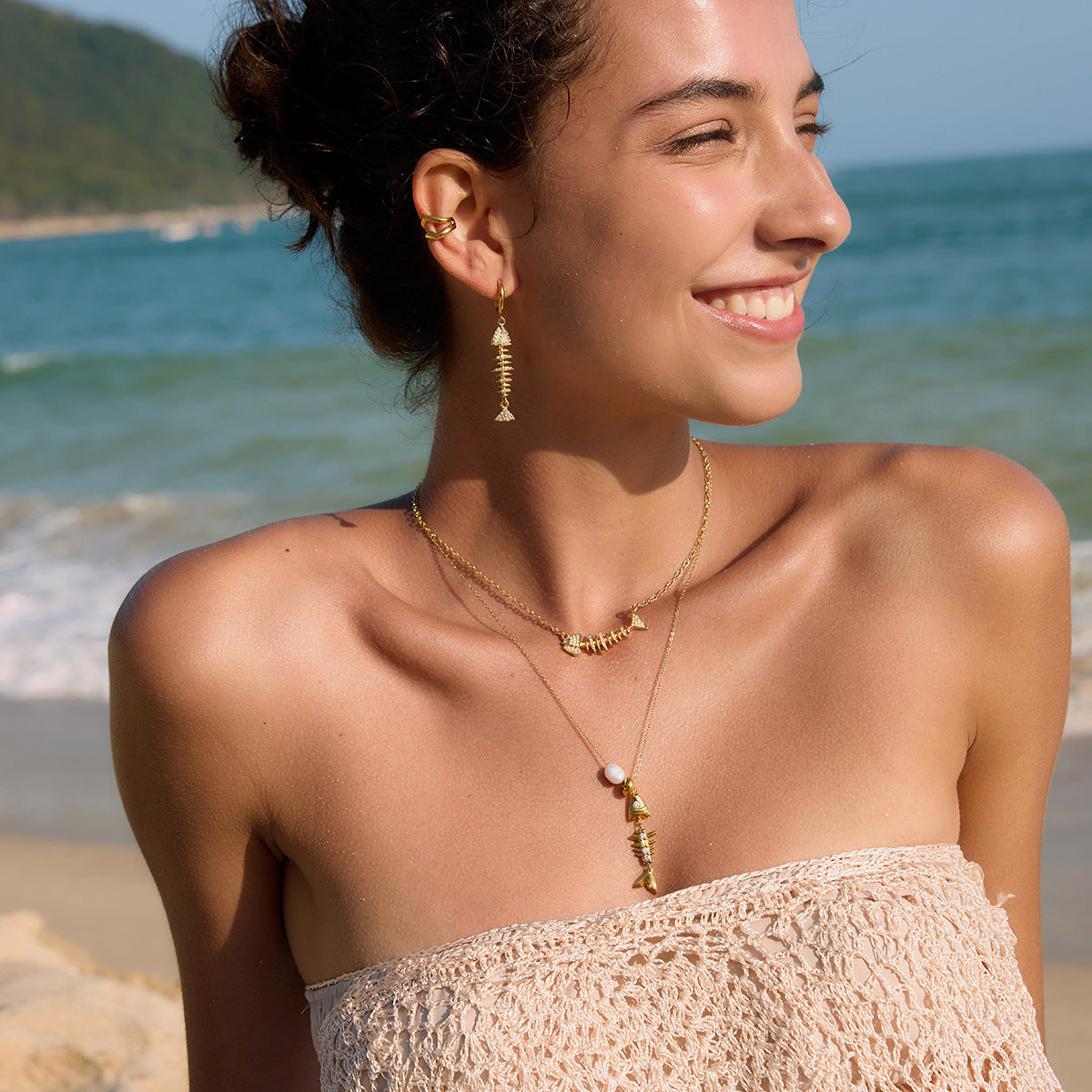 Stainless Steel Freshwater Pearl Fish Bone Pendant Necklace
