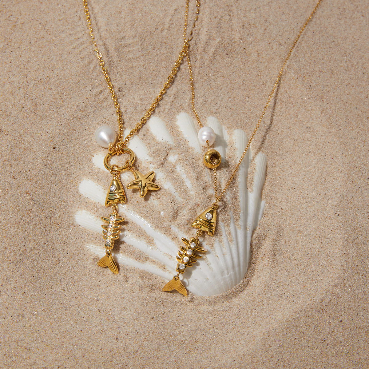 Stainless Steel Freshwater Pearl Fish Bone Pendant Necklace