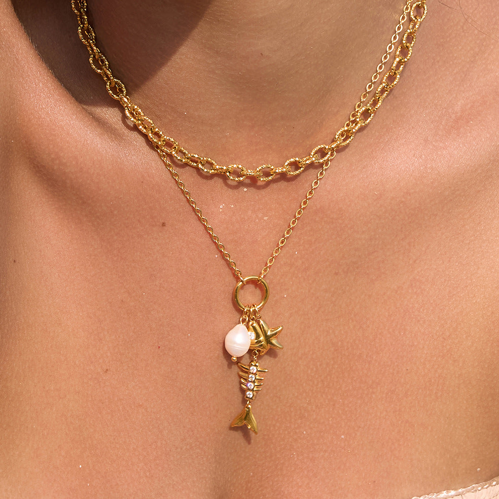 Stainless Steel Freshwater Pearl Fish Bone Pendant Necklace