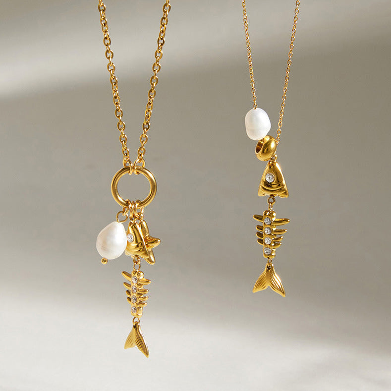 Stainless Steel Freshwater Pearl Fish Bone Pendant Necklace