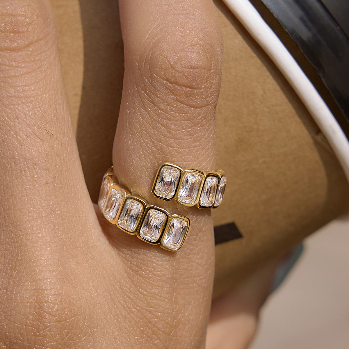 Stainless Steel 18K Gold PVD Square CZ Open Ring