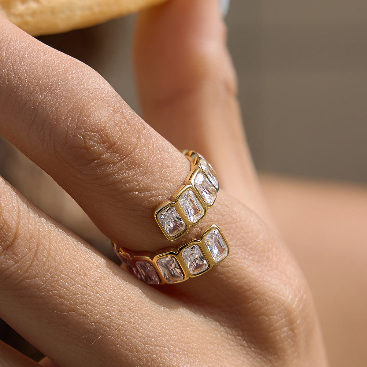 Stainless Steel 18K Gold PVD Square CZ Open Ring