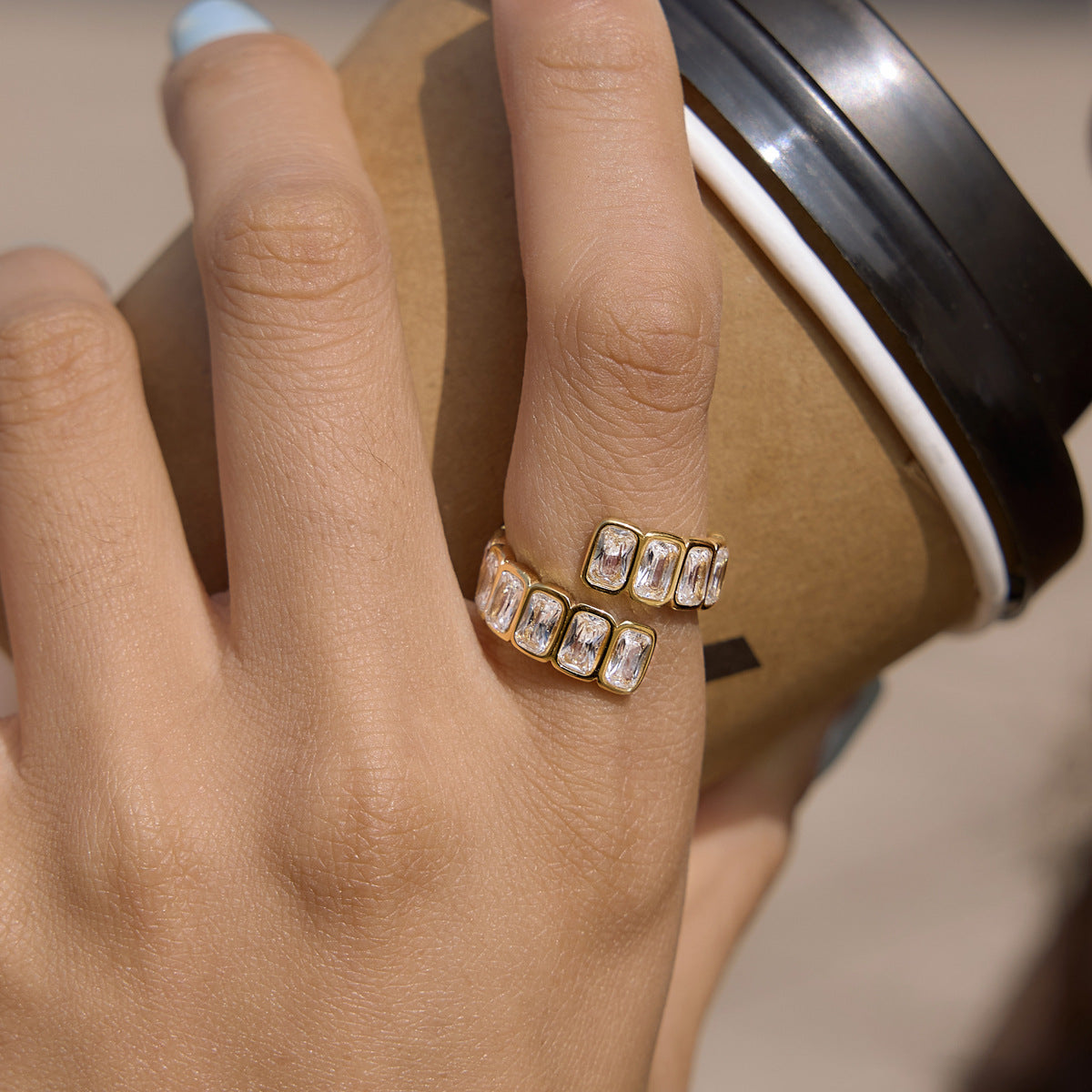 Stainless Steel 18K Gold PVD Square CZ Open Ring
