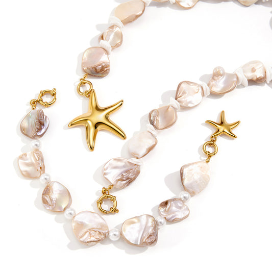 Stainless Steel White Shell Starfish Pendant Necklace Bracelet Jewelry Set