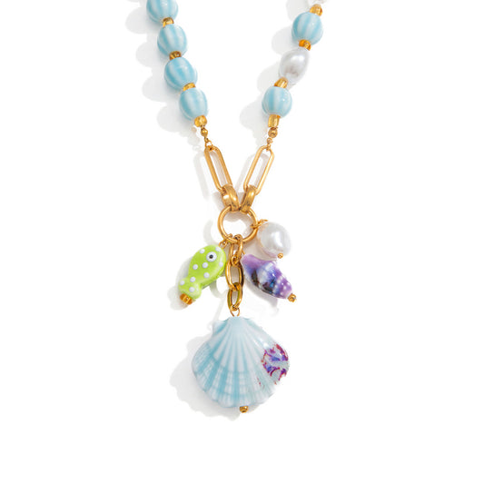 Stainless Steel Ceramic Shell Necklace Earrings Jewelry Set