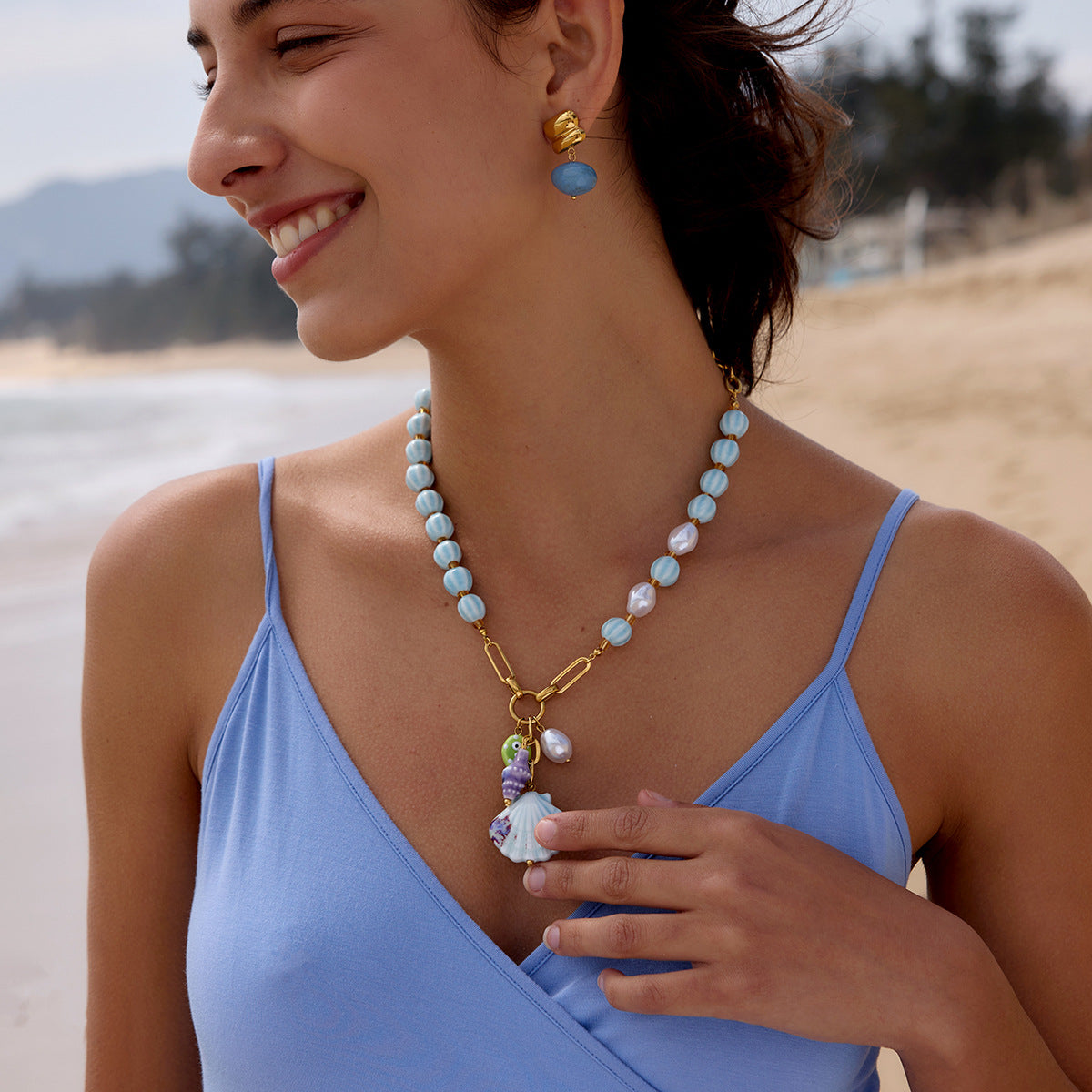 Stainless Steel Ceramic Shell Necklace Earrings Jewelry Set