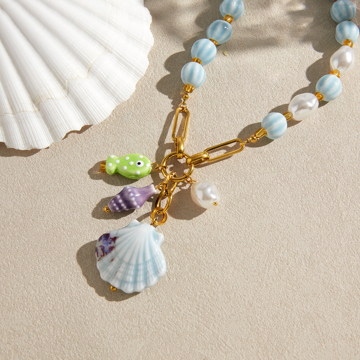 Stainless Steel Ceramic Shell Necklace Earrings Jewelry Set