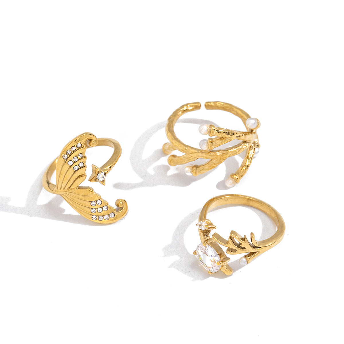 Stainless Steel White Rhinestone Fish Tail Star Open Ring