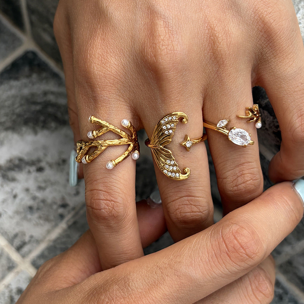 Stainless Steel White Rhinestone Fish Tail Star Open Ring
