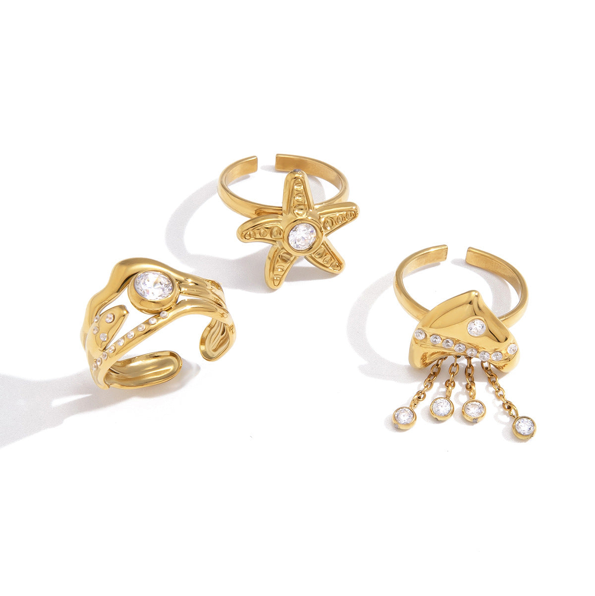 Stainless Steel White Cubic Zirconia Starfish Open Ring
