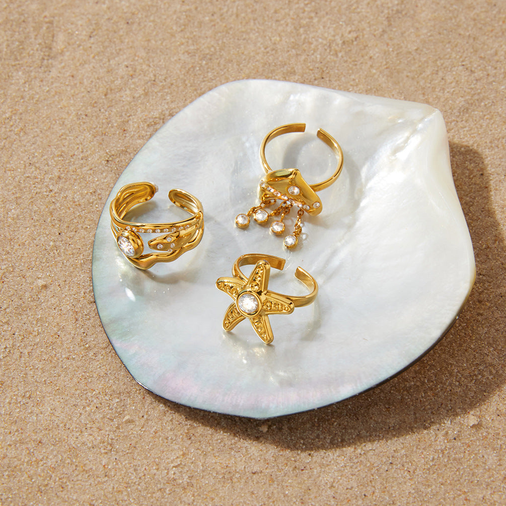 Stainless Steel White Cubic Zirconia Starfish Open Ring