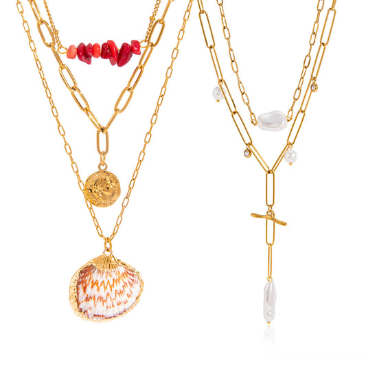 Stainless Steel Shell Imitation Pearl Layered Necklace