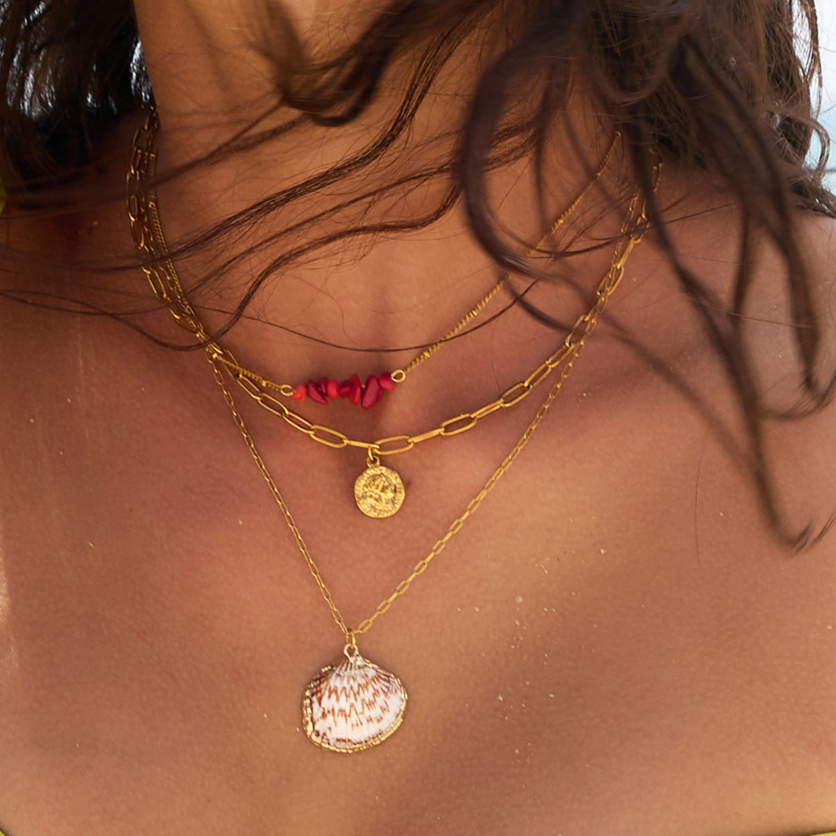 Stainless Steel Shell Imitation Pearl Layered Necklace