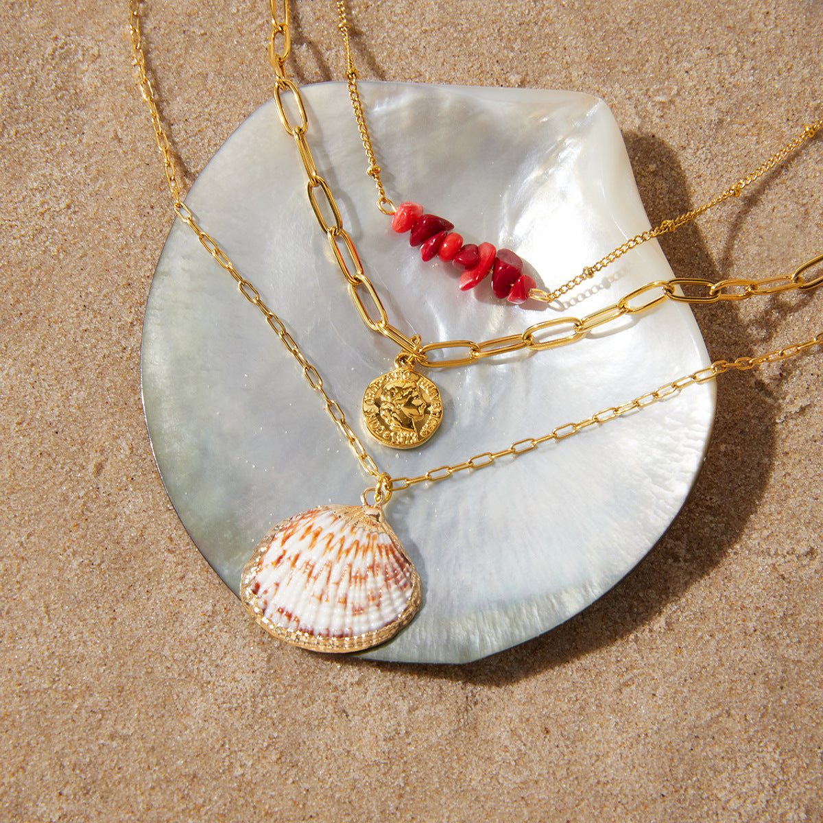 Stainless Steel Shell Imitation Pearl Layered Necklace