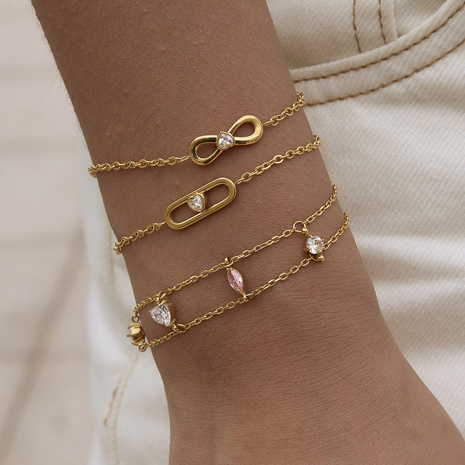 Stainless Steel Geometric Cubic Zirconia Double-layer Bracelet