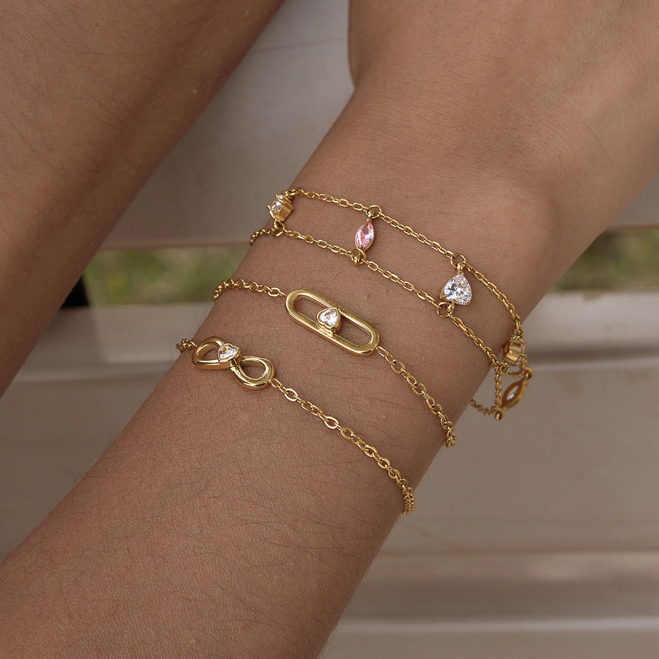 Stainless Steel Geometric Cubic Zirconia Double-layer Bracelet
