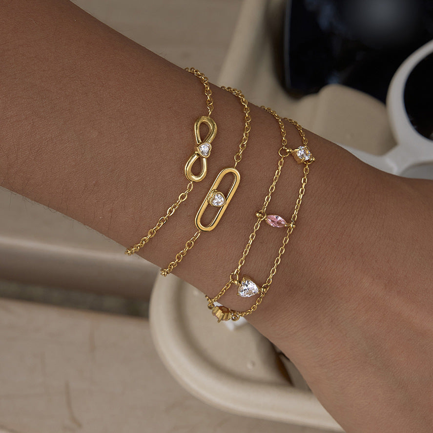 Stainless Steel Geometric Cubic Zirconia Double-layer Bracelet