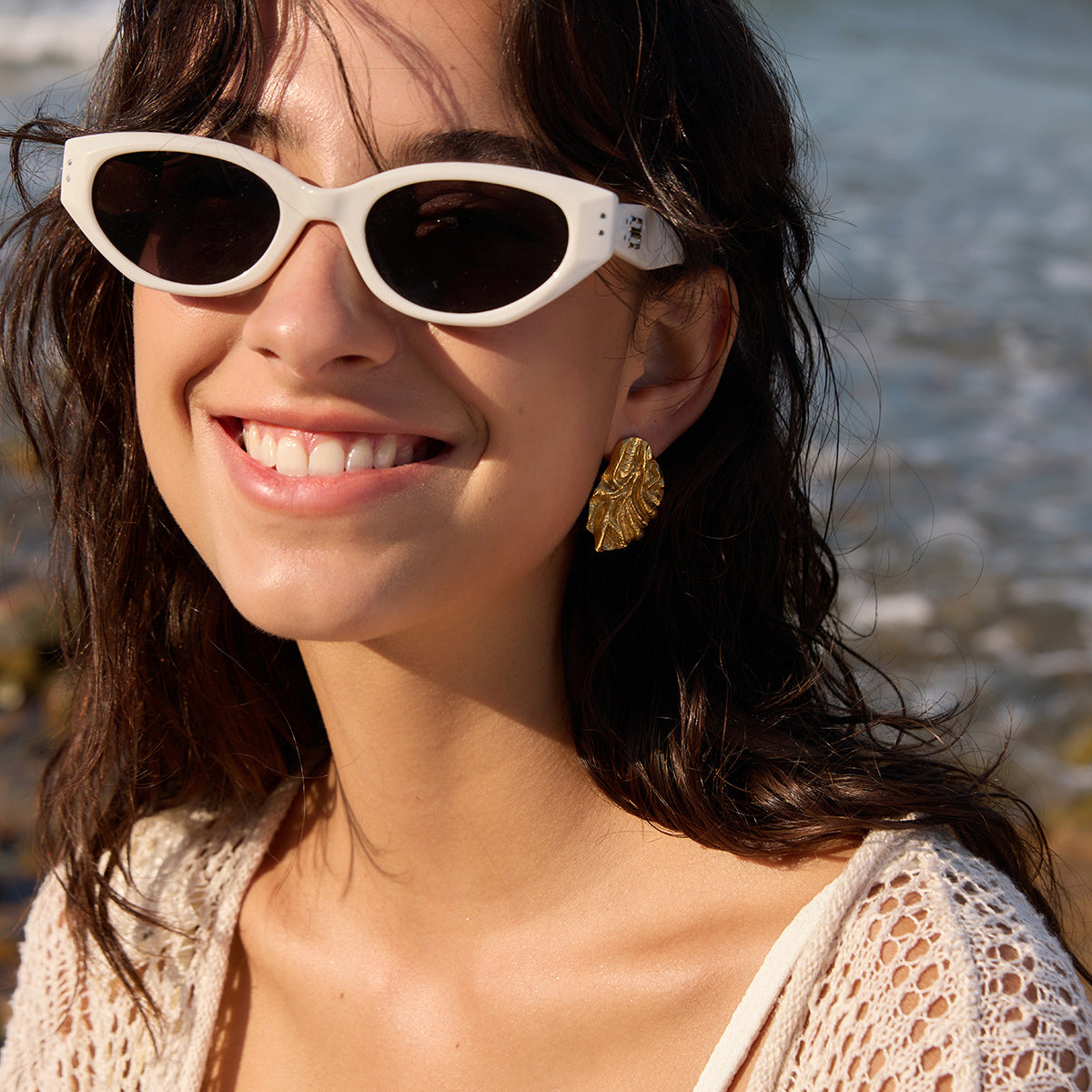 Stainless Steel Gravel Textured Metal Pleated Stud Earrings
