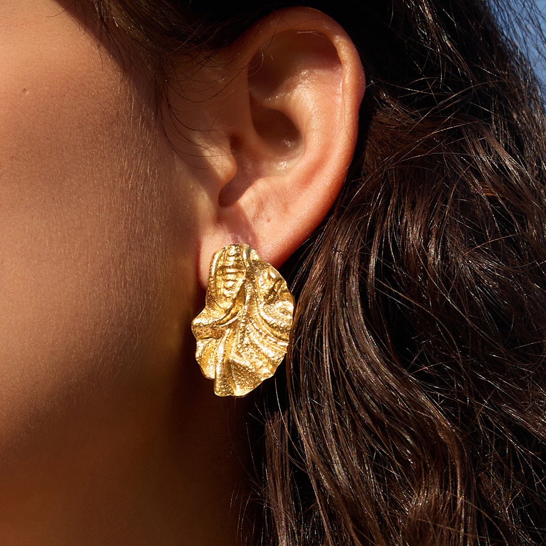 Stainless Steel Gravel Textured Metal Pleated Stud Earrings