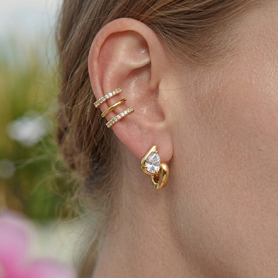 Stainless Steel Water Drop CZ Twisted Wave Huggie Earrings